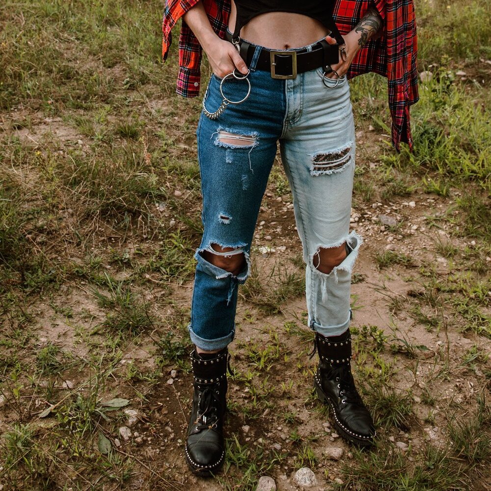 Split Leg Two-Tone Distressed Bleached Jeans